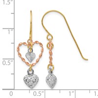 14K Tri-color Diamond-cut Heart Dangle French Hook Earrings view 4