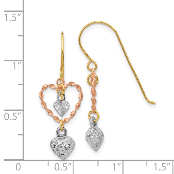 14k Tri-color Diamond-cut Heart Dangle French Hook Earrings
