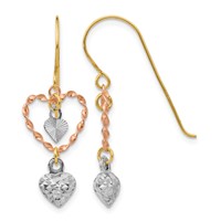 14K Tri-color Diamond-cut Heart Dangle French Hook Earrings view 1