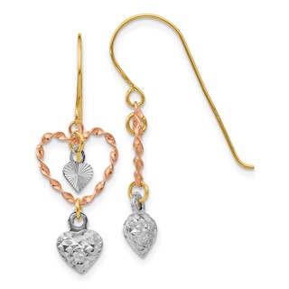14k Tri-color Diamond-cut Heart Dangle French Hook Earrings
