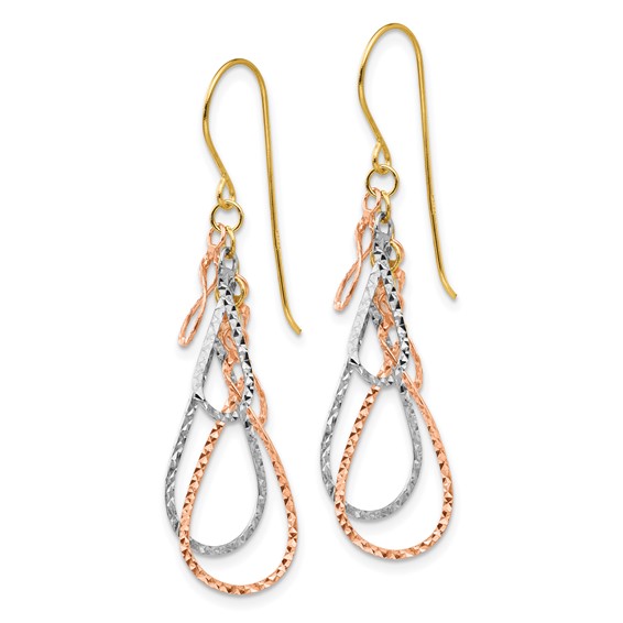 14K Tri-color Diamond-cut Teardrops Dangle French Hook Earrings