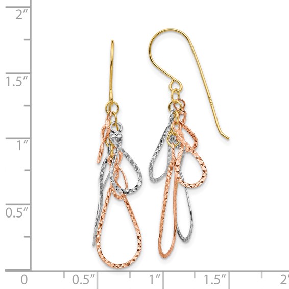 14K Tri-color Diamond-cut Teardrops Dangle French Hook Earrings