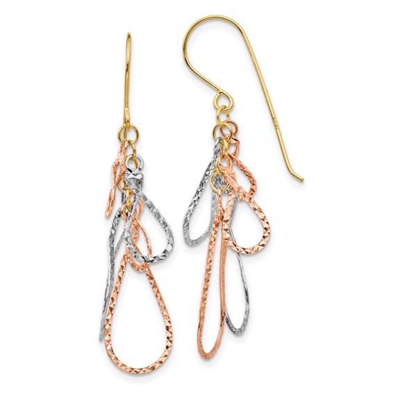 14K Tri-color Diamond-cut Teardrops Dangle French Hook Earrings