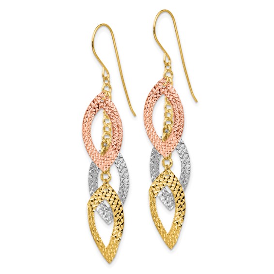 14K Tri-color Diamond-cut Leaves Dangle French Hook Earrings