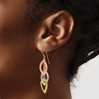 14K Tri-color Diamond-cut Leaves Dangle French Hook Earrings view 3