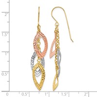 14K Tri-color Diamond-cut Leaves Dangle French Hook Earrings view 4