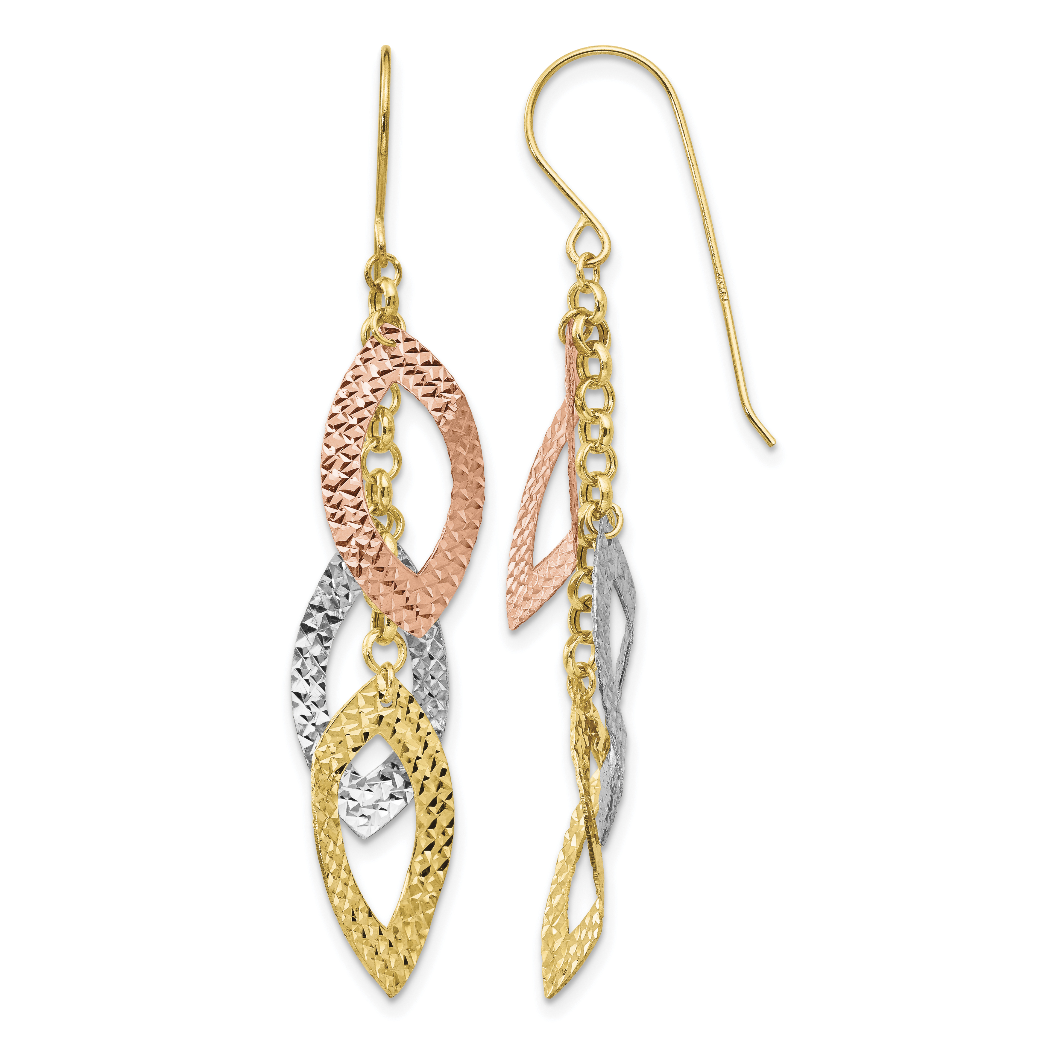 14K Diamond Cut Tri-color Tear Drop Shepherd Hook Earrings (TL976)