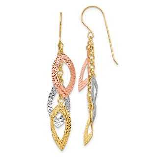 14K Tri-color Diamond-cut Leaves Dangle French Hook Earrings