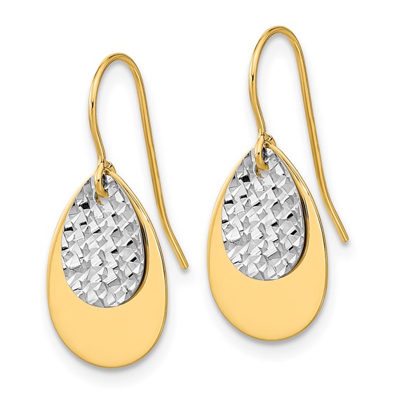 14k Two-tone Polished/Textured Teardrop Dangle Earrings