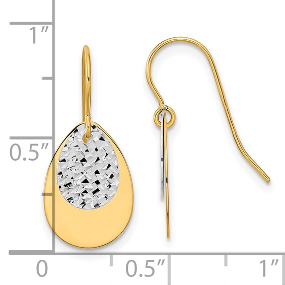 14k Two-tone Polished/Textured Teardrop Dangle Earrings