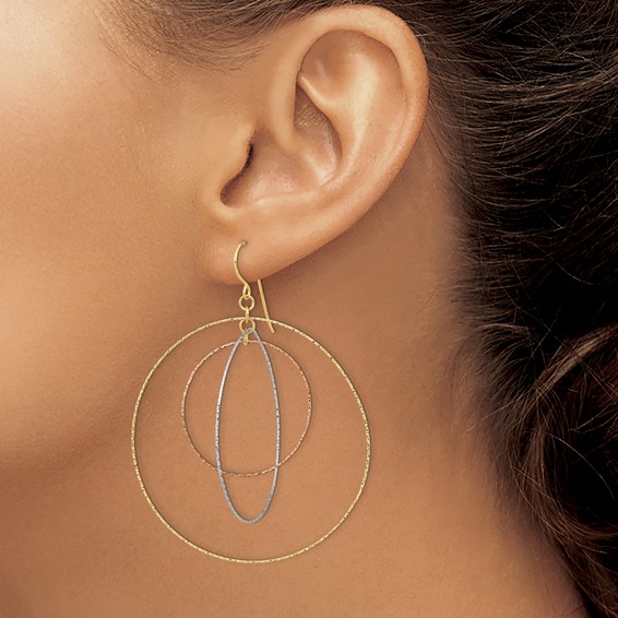 14k Tri-color Diamond-cut Graduated Circles Dangle French Hook Earrings