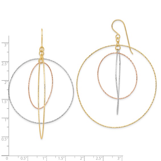 14k Tri-color Diamond-cut Graduated Circles Dangle French Hook Earrings