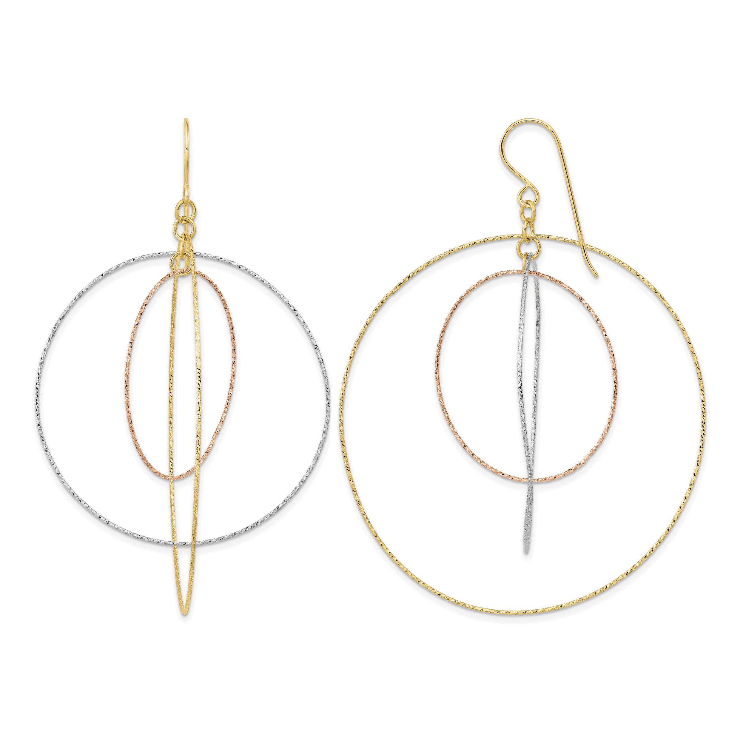 14k Tri-color Diamond Cut Graduated Circles Shepherd Hook Earrings (TL999)
