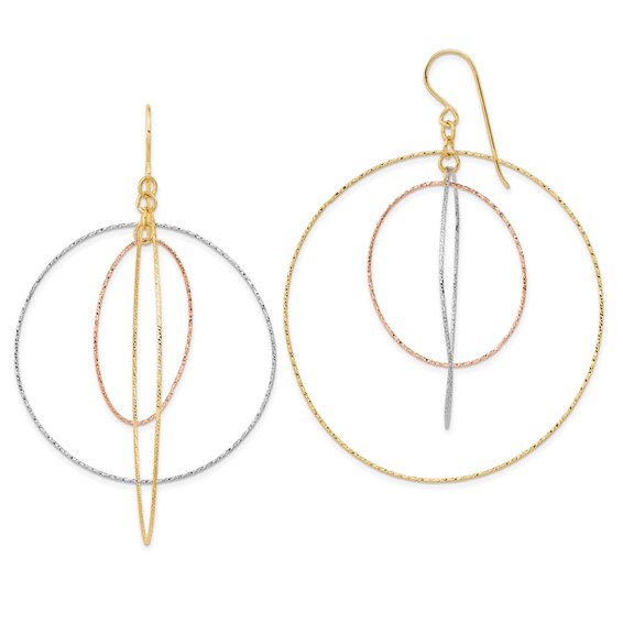 14k Tri-color Diamond-cut Graduated Circles Dangle French Hook Earrings