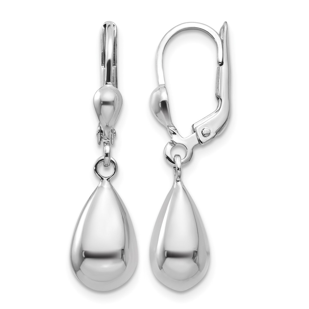 14K White Gold Polished Teardrop Dangle Leverback Earrings