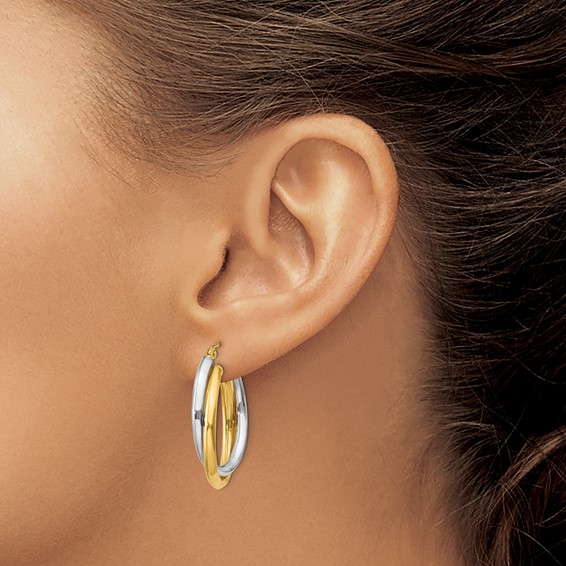 Gold Two-tone Twisted Oval Tube Hoop Earrings