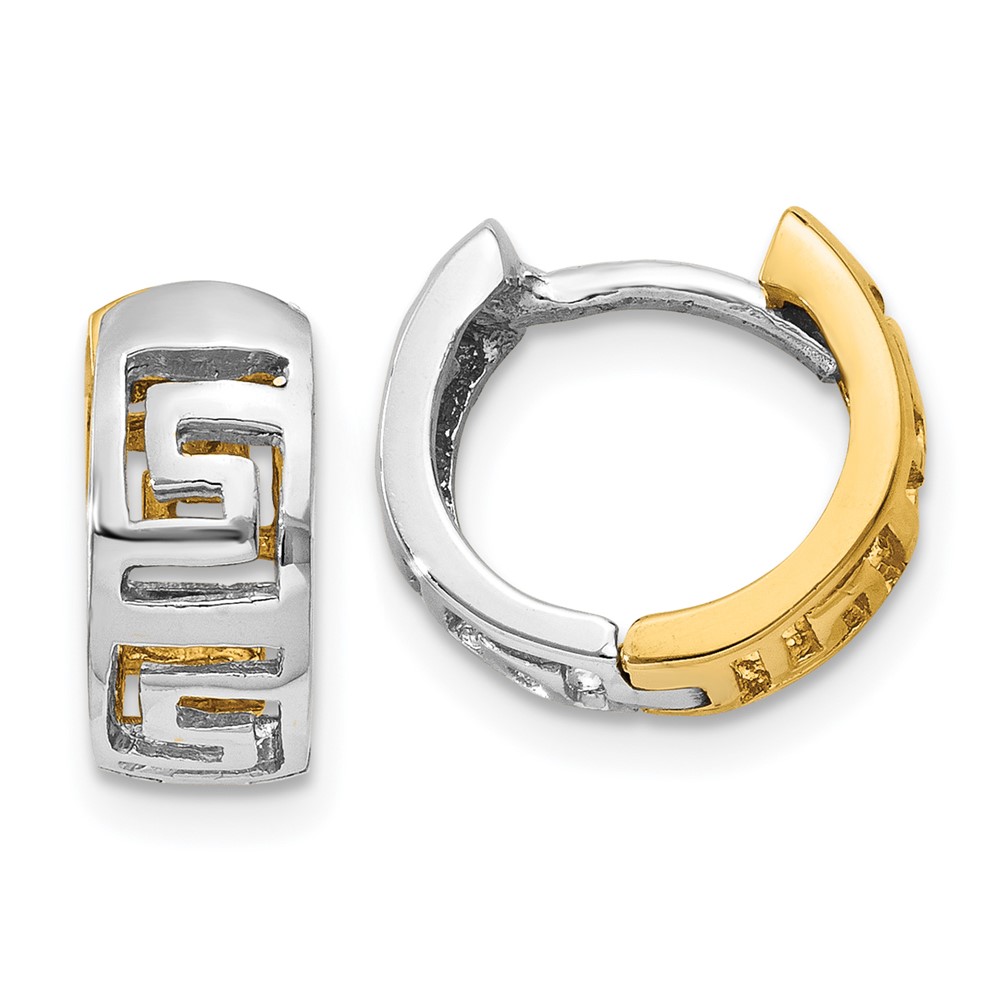 14k Two-tone Greek Key Hinged Hoop Earrings