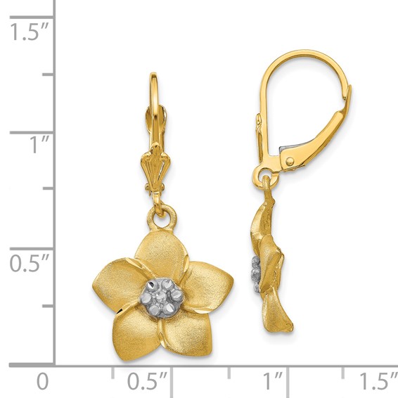 14K and White Rhodium Satin Diamond-cut Large Plumeria Dangle Leverback Earrings
