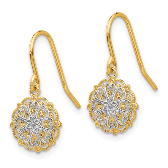 14k and White Rhodium Polished and Textured Medallion Dangle French Hook Earrings