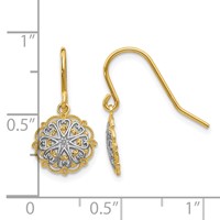 14K and White Rhodium Polished and Textured Medallion Dangle French Hook Earrings view 4