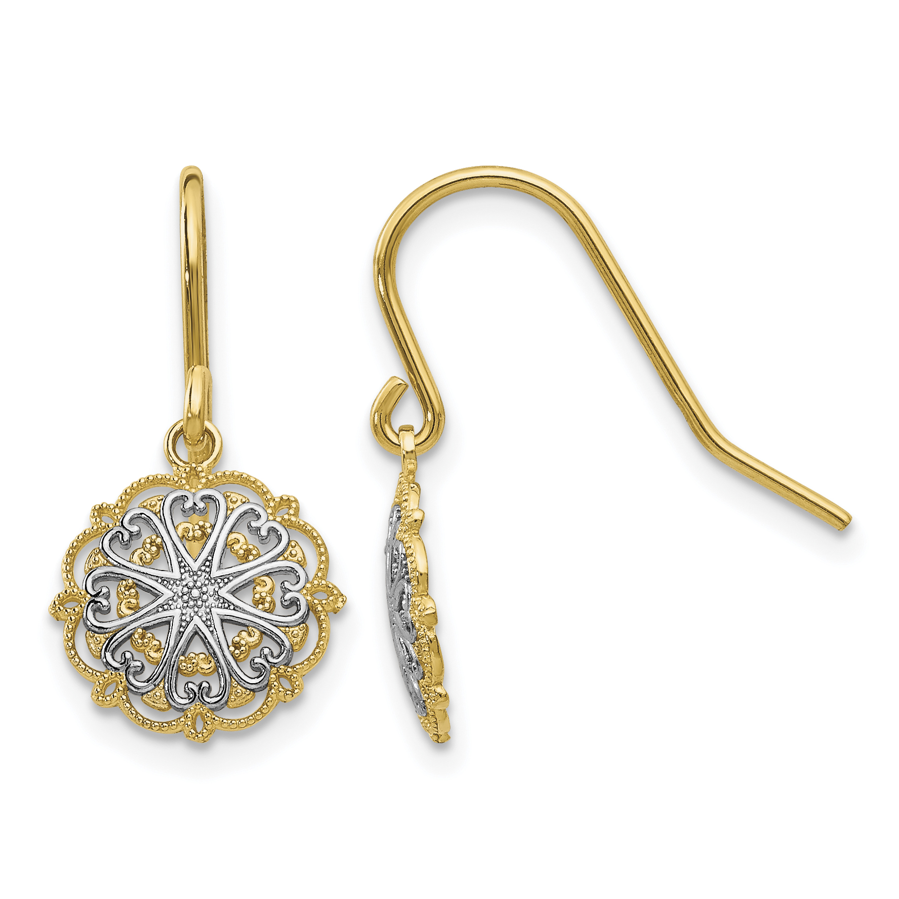 14k & Rhodium Polished and Textured Dangle Earrings (TM739)
