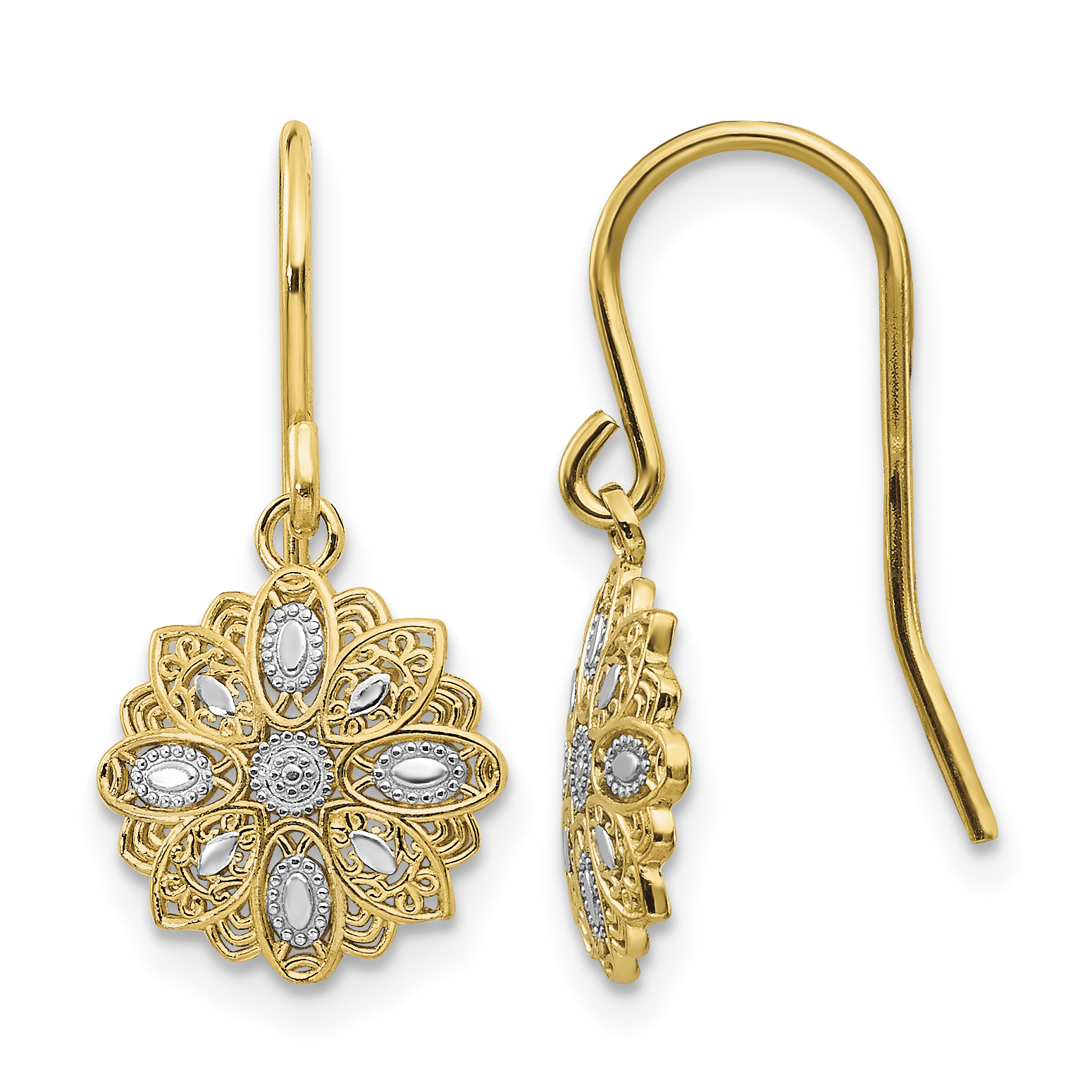 14k & Rhodium D/C Polished Fancy Dangle Earrings (TM740)