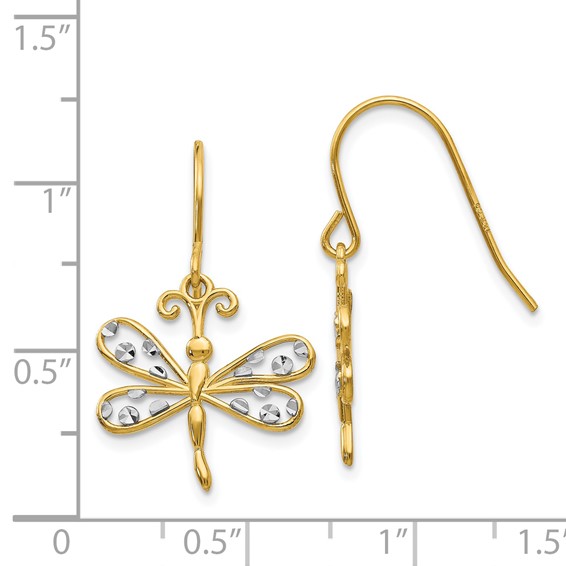 14k and White Rhodium Diamond-cut Dragonfly Dangle French Hook Earrings
