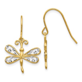 14k and White Rhodium Diamond-cut Dragonfly Dangle French Hook Earrings