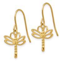 14K Yellow Gold Polished Dragonfly Dangle French Hook Earrings view 2