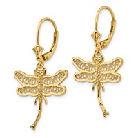 14K Yellow Gold Dragonfly Earrings with Filigree Wings Dangle Leverback view 2