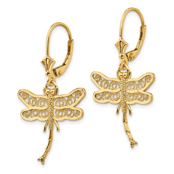 14k Dragonfly with Filigree Wings Dangle Leverback Earrings