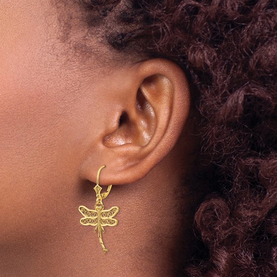14k Dragonfly with Filigree Wings Dangle Leverback Earrings