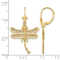 14K Yellow Gold Dragonfly Earrings with Filigree Wings Dangle Leverback view 4