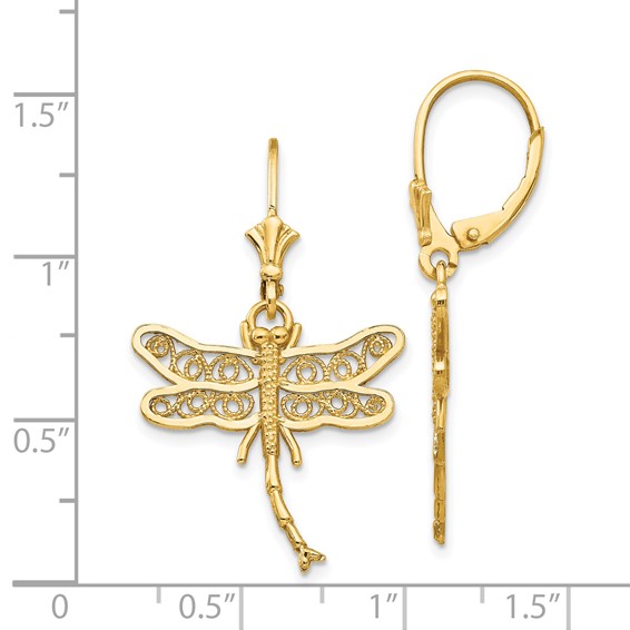 14k Dragonfly with Filigree Wings Dangle Leverback Earrings
