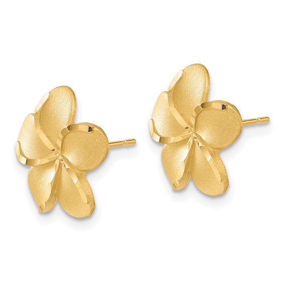 14k Satin Diamond-cut Plumeria Post Earrings