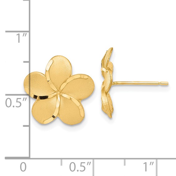 14k Satin Diamond-cut Plumeria Post Earrings