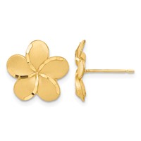 14K Yellow Gold Satin Diamond-cut Plumeria Post Earrings view 1