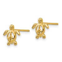 14K Yellow Gold Peace Symbol Turtle Post Earrings view 2