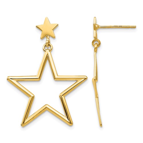 14K Yellow Gold Open Star Dangle Post Earrings