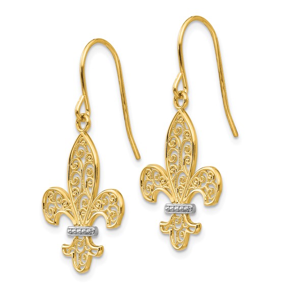 14k and White Rhodium Filigree Fleur de lis Dangle French Hook Earrings