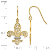 14K and White Rhodium Filigree Fleur De Lis Dangle French Hook Earrings view 4