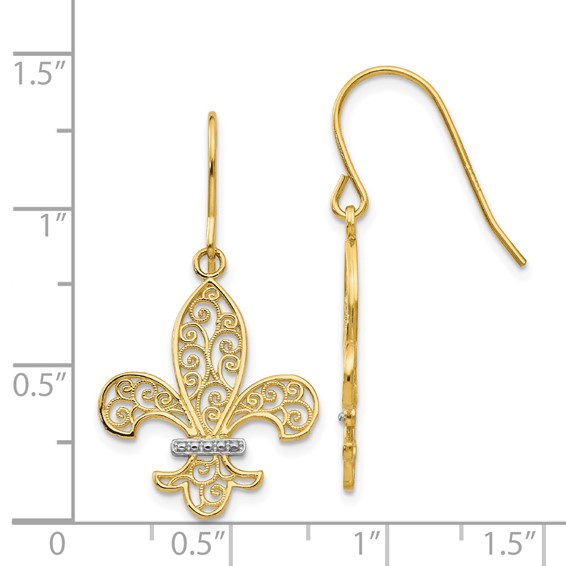 14k and White Rhodium Filigree Fleur de lis Dangle French Hook Earrings