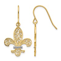 14K and White Rhodium Filigree Fleur De Lis Dangle French Hook Earrings view 1