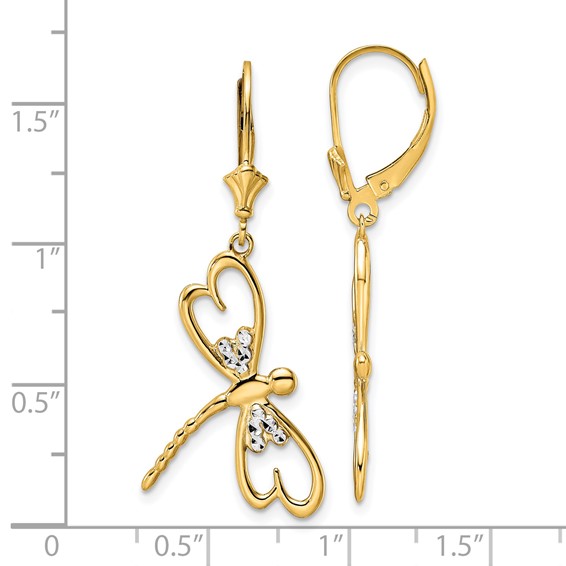 14k and White Rhodium Diamond-cut Dragonfly Dangle Leverback Earrings