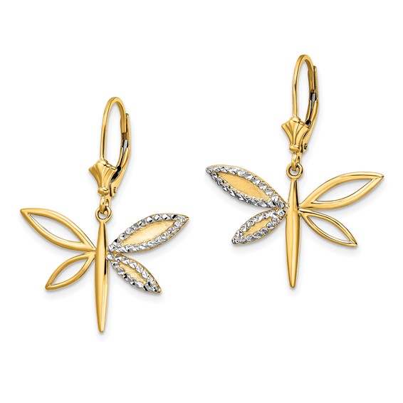 14k and White Rhodium Diamond-cut Dragonfly Leverback Earrings