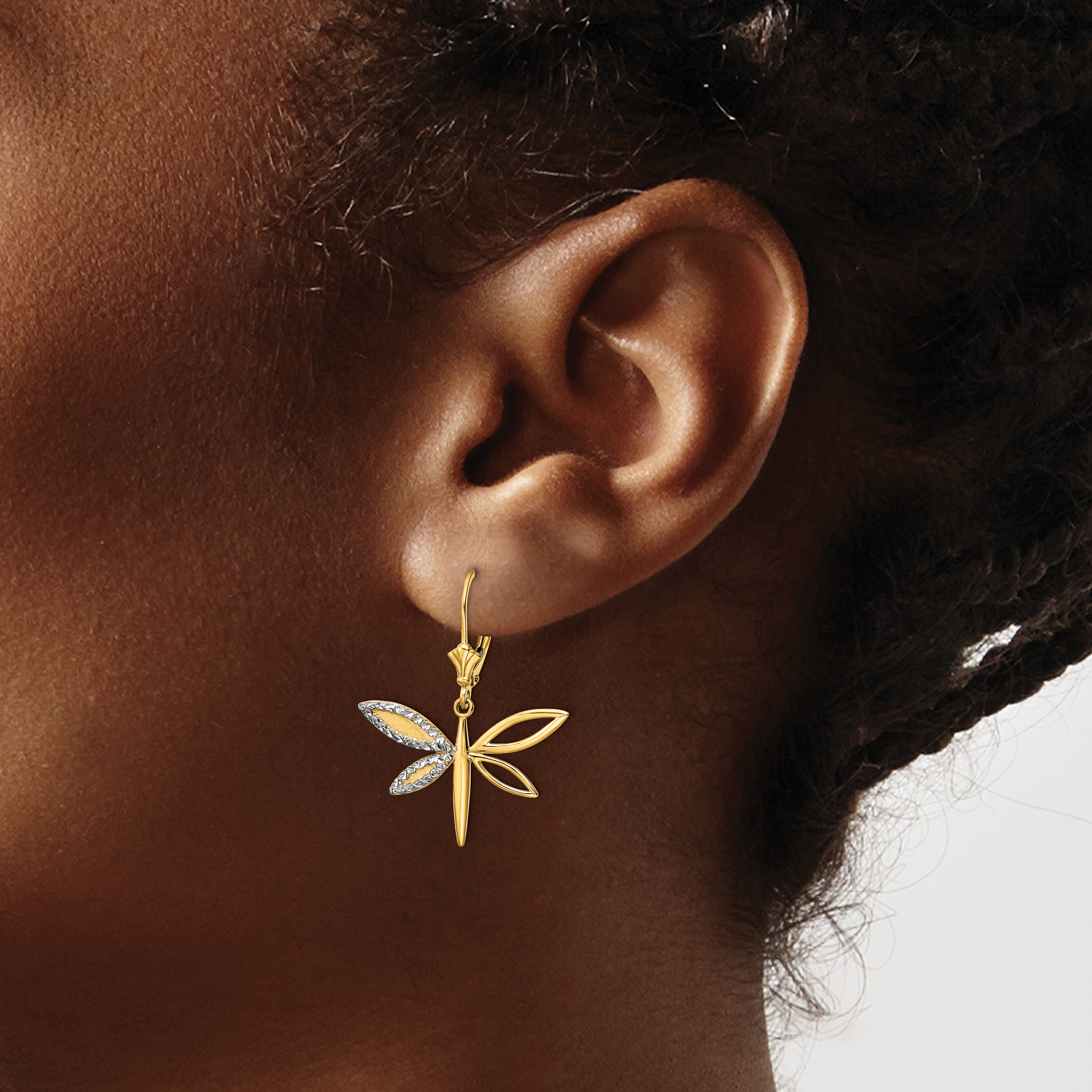 Quality Gold TM799 14K Yellow Rhodium Diamond Cut Dragonfly Leverback Earrings