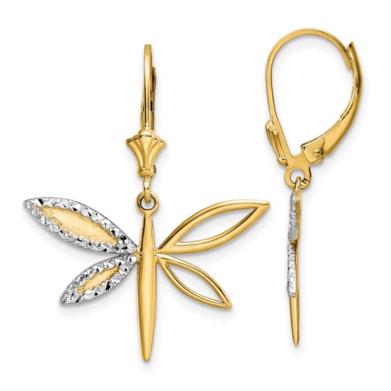 14k and White Rhodium Diamond-cut Dragonfly Leverback Earrings