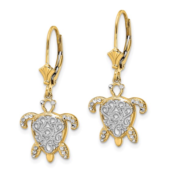 14k and White Rhodium Diamond-cut Filigree Turtle Leverback Earrings