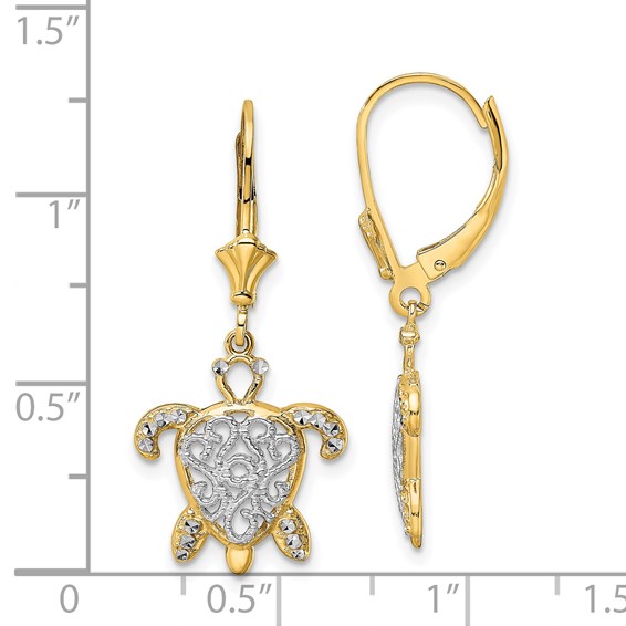 14k and White Rhodium Diamond-cut Filigree Turtle Leverback Earrings