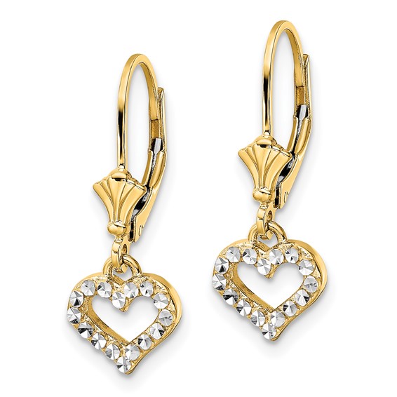 14k and White Rhodium Diamond-cut Open Heart Leverback Earrings